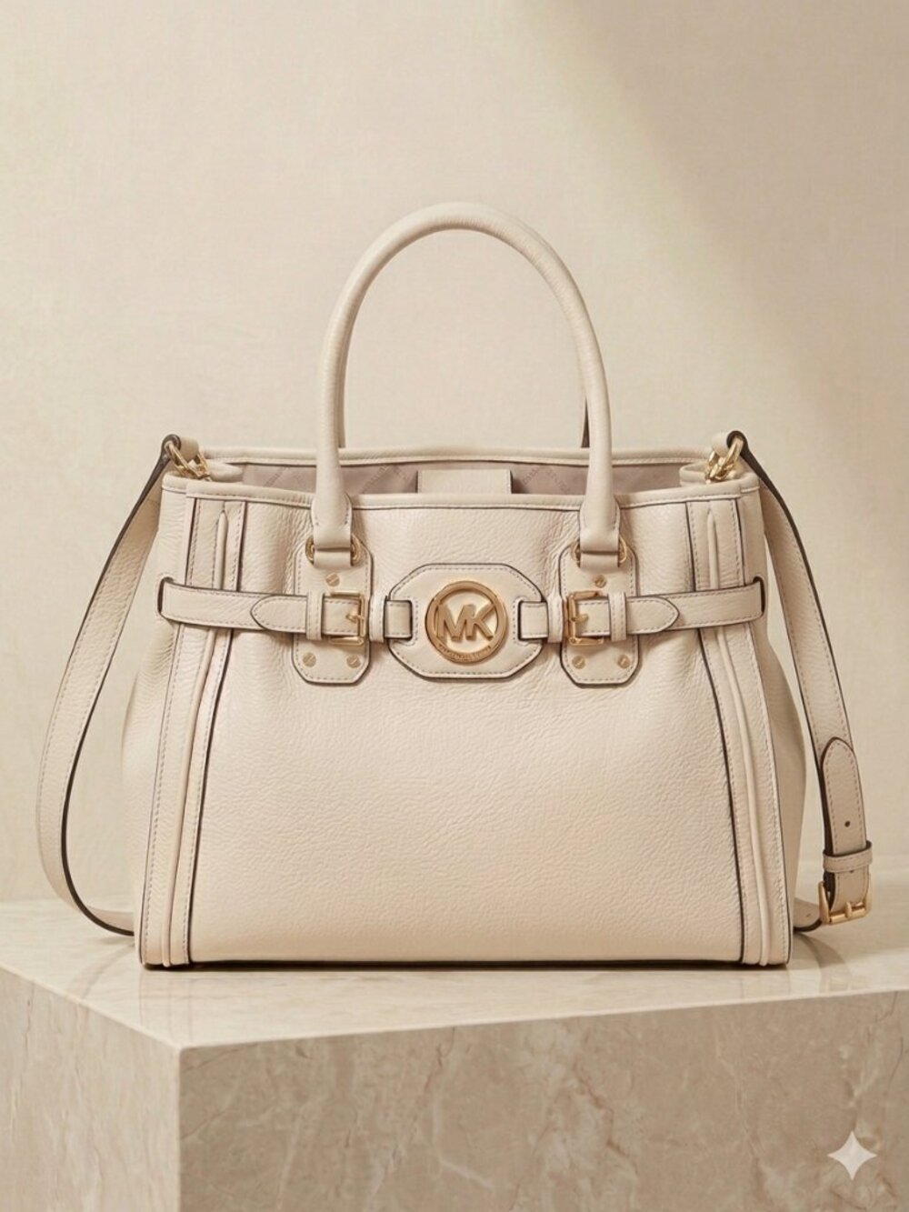 Michael Kors Hamilton Large Satchel — Cream Ivory Pebbled Leather, Gold Hardware